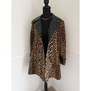Vintage Leopard Print Trench Coat with Black Faux Leather Accents
